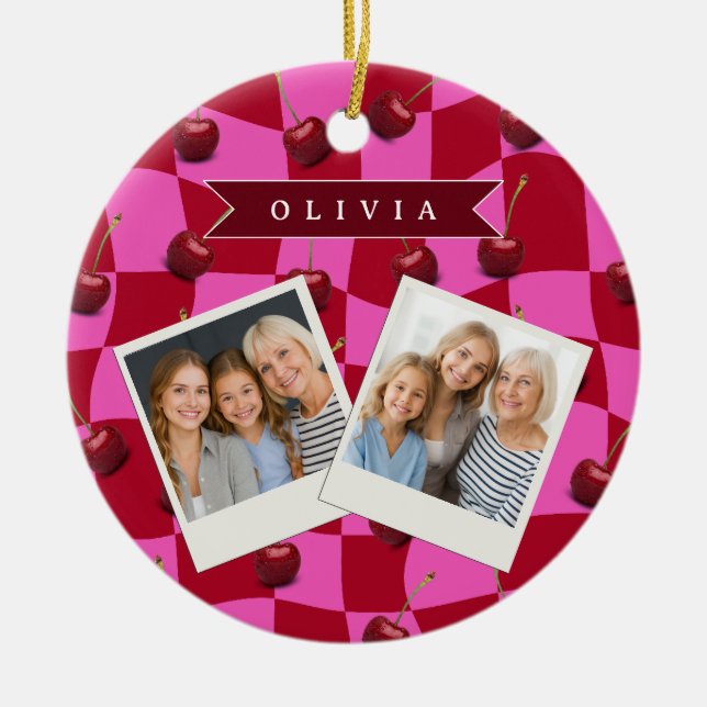 Personalized Cherry Gingham Retro Custom Name Ceramic Ornament (Front)