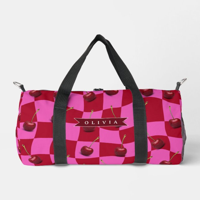 Personalized Cherry Gingham Retro Custom Name Duffle Bag (Front)