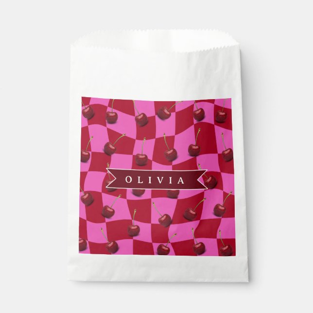 Personalized Cherry Gingham Retro Custom Name Favour Bag (Front)