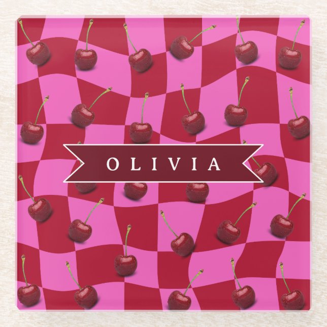 Personalized Cherry Gingham Retro Custom Name Glass Coaster (Front)
