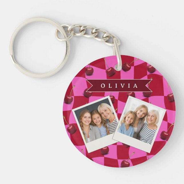 Personalized Cherry Gingham Retro Custom Name Key Ring (Front)