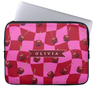 Personalized Cherry Gingham Retro Custom Name Laptop Sleeve