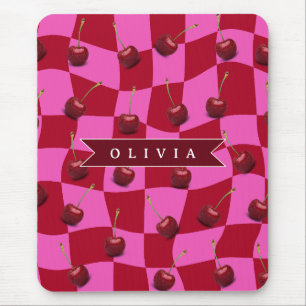 Personalized Cherry Gingham Retro Custom Name Mouse Pad
