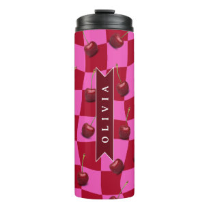 Personalized Cherry Gingham Retro Custom Name Thermal Tumbler
