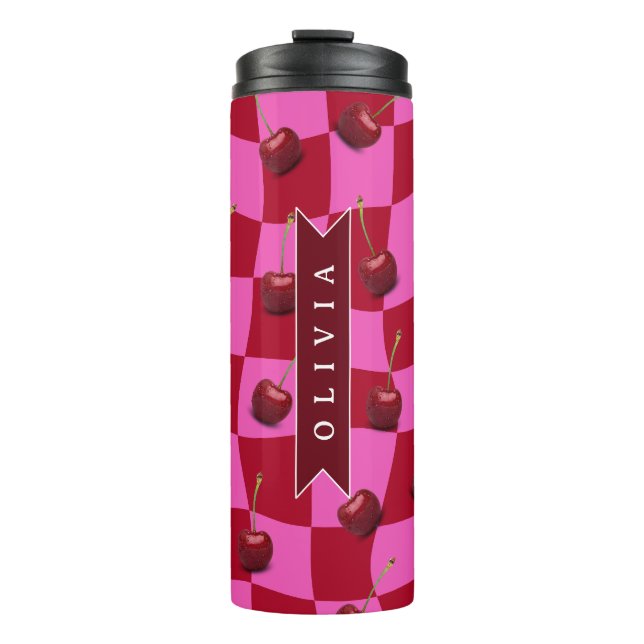 Personalized Cherry Gingham Retro Custom Name Thermal Tumbler (Front)