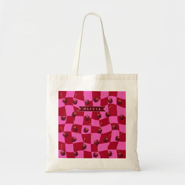 Personalized Cherry Gingham Retro Custom Name Tote Bag (Front)