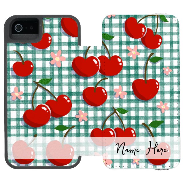 Personalized Cherry on Green Gingham Phone Case –  Incipio iPhone Wallet Case (Folio Open)
