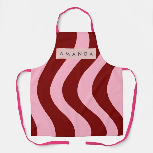 Personalized Cherry Red and Pink Wavy Stripe Apron (Front)