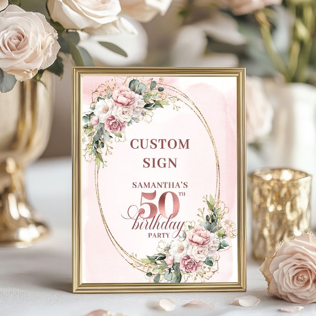 Personalized Chic Botanical 50th Birthday Tabletop Poster (Personalized Chic Botanical 50th Birthday Tabletop Sign)