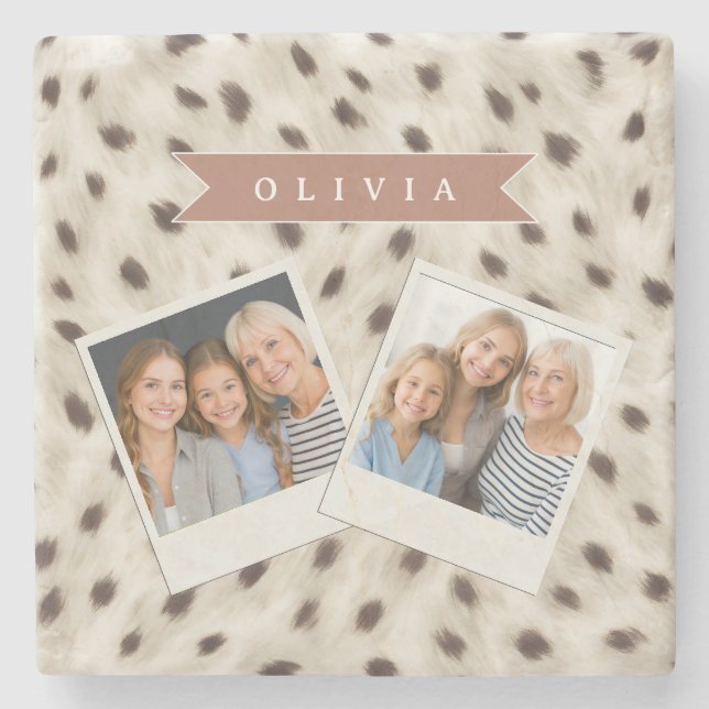 Personalized Chic Neutral Leopard Animal Print Stone Coaster (Front)