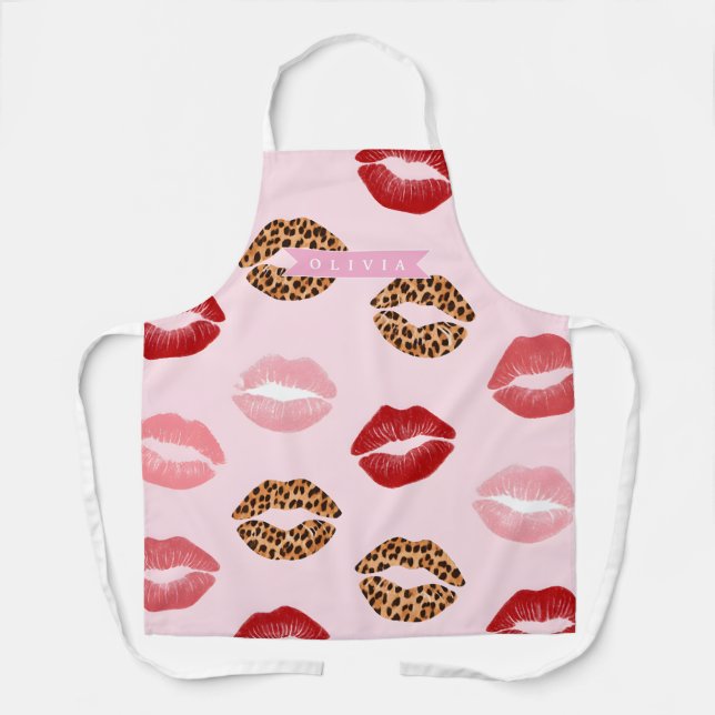 Personalized Chic Pink Leopart Print Lip Pattern Apron (Front)