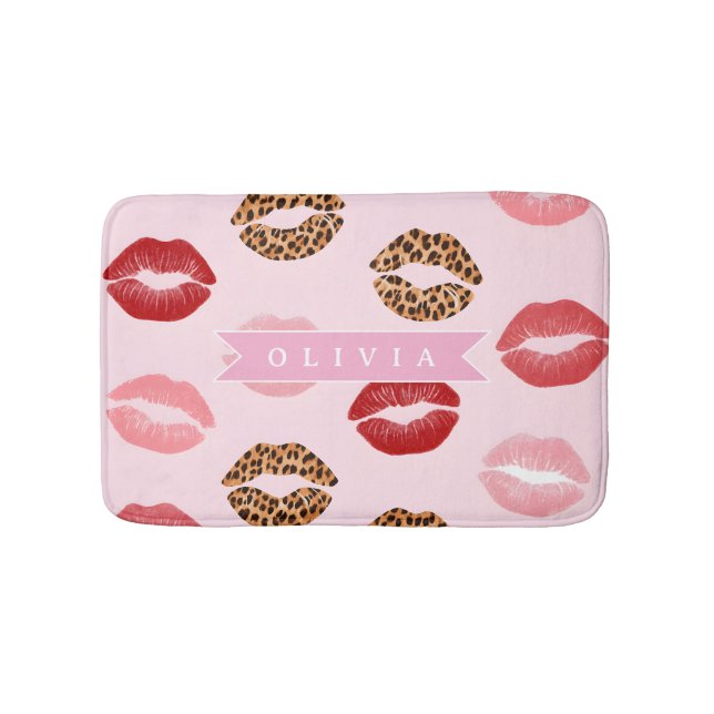 Personalized Chic Pink Leopart Print Lip Pattern Bath Mat (Front)