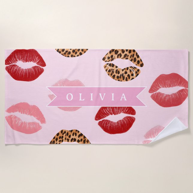 Personalized Chic Pink Leopart Print Lip Pattern Beach Towel (Front)