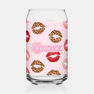Personalized Chic Pink Leopart Print Lip Pattern Can Glass