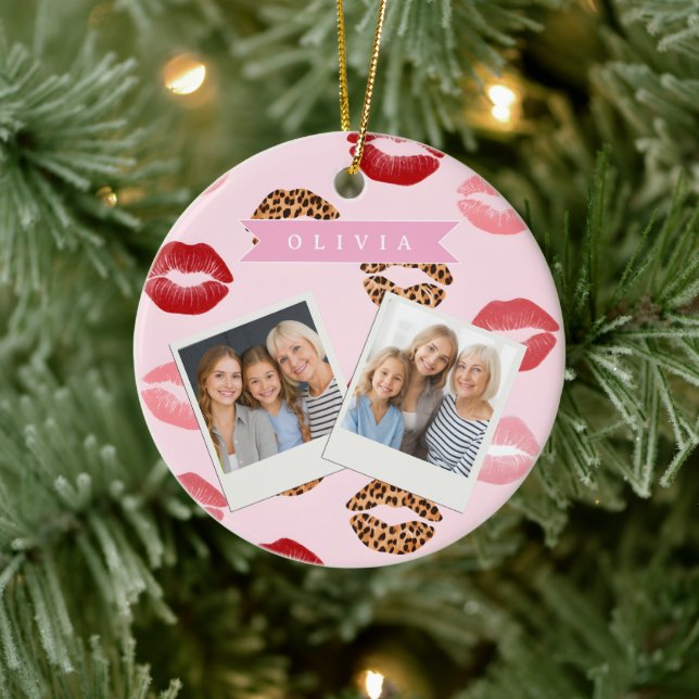 Personalized Chic Pink Leopart Print Lip Pattern Ceramic Ornament (Tree)