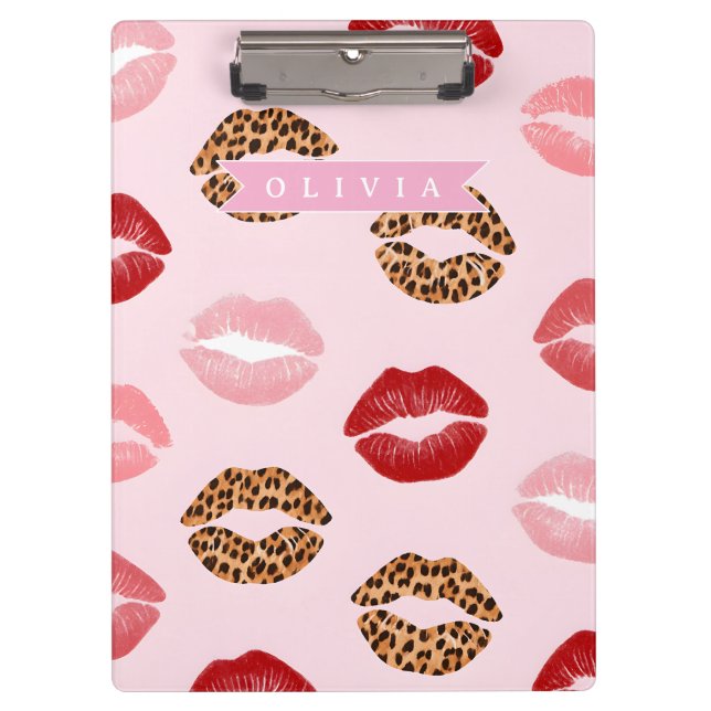 Personalized Chic Pink Leopart Print Lip Pattern Clipboard (Front)