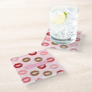 Personalized Chic Pink Leopart Print Lip Pattern Glass Coaster