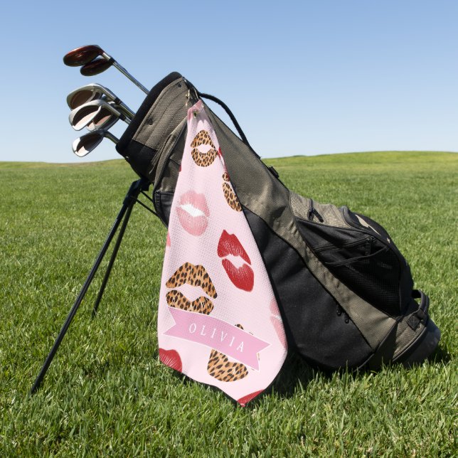 Personalized Chic Pink Leopart Print Lip Pattern Golf Towel (Green)
