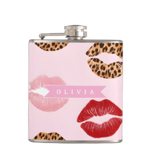 Personalized Chic Pink Leopart Print Lip Pattern Hip Flask