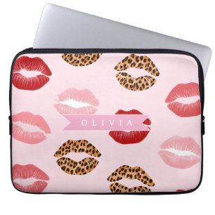 Personalized Chic Pink Leopart Print Lip Pattern Laptop Sleeve