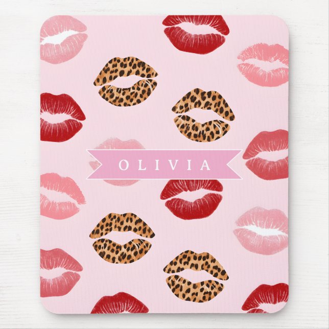 Personalized Chic Pink Leopart Print Lip Pattern Mouse Pad (Front)