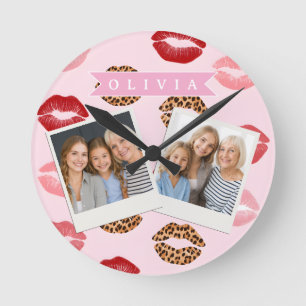Personalized Chic Pink Leopart Print Lip Pattern Round Clock
