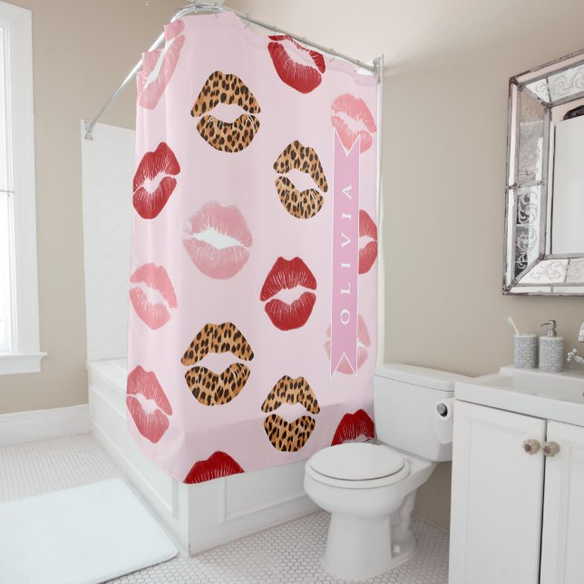 Personalized Chic Pink Leopart Print Lip Pattern Shower Curtain (In Situ)