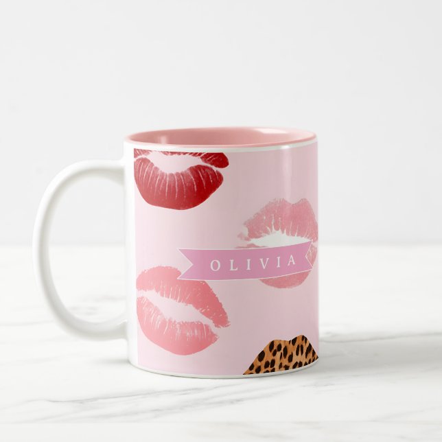 Personalized Chic Pink Leopart Print Lip Pattern Two-Tone Coffee Mug (Left)