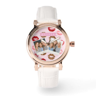 Personalized Chic Pink Leopart Print Lip Pattern Watch