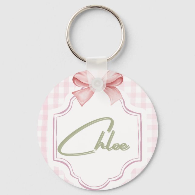 Personalized Chloe Baby Girl Nursery Bow&Gingham  Key Ring (Front)