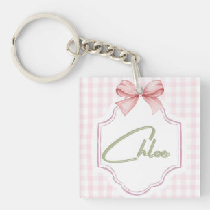 Personalized Chloe Baby Girl Nursery Bow&Gingham  Key Ring