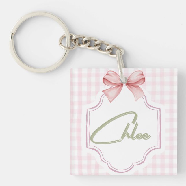 Personalized Chloe Baby Girl Nursery Bow&Gingham  Key Ring (Front)