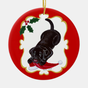 Personalized Chocolate Lab Puppy with Santa Hat Ceramic Ornament