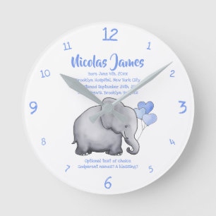 Personalized Christening Date Baby Blue Elephant Round Clock