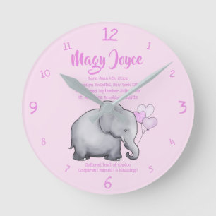 Personalized Christening Date Baby Pink Elephant Round Clock