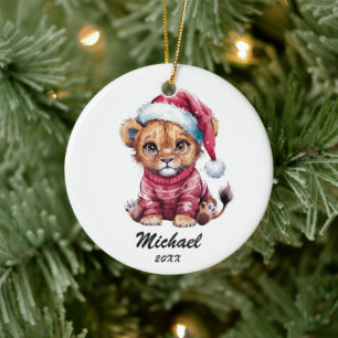 Personalized Christmas Baby lion with Santa Hat  Ceramic Ornament