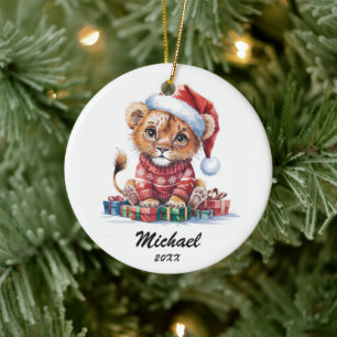 Personalized Christmas Baby lion with Santa Hat  Ceramic Ornament