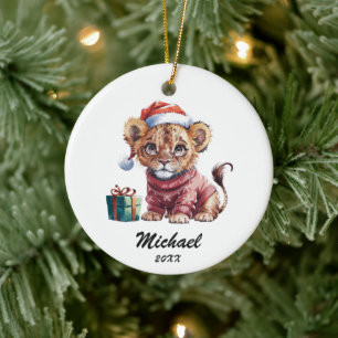 Personalized Christmas Baby lion with Santa Hat  Ceramic Ornament