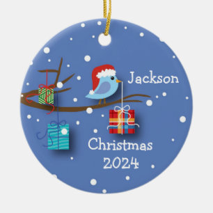 Personalized Christmas Bluebird with Gifts Ceramic Ornament