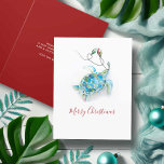 Personalized Christmas Cards No Photo Sea Turtle<br><div class="desc">This personalized Christmas card, featuring no photo, showcases a replica of my original hand-painted watercolor sea turtle adorned with Christmas lights in vibrant tropical colors on a crisp white background. The words "Merry Christmas" are beautifully set in modern brush script typography. Inside, the card features a solid berry red color...</div>