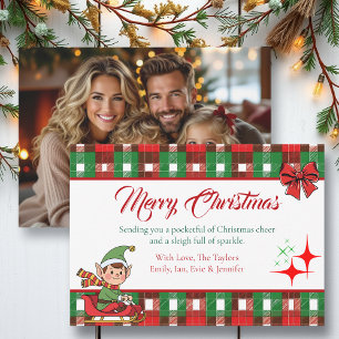 Personalized Christmas Elf and Plaid Sparkles Holiday Card