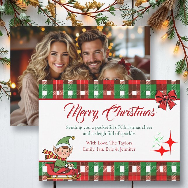 Personalized Christmas Elf and Plaid Sparkles Holiday Card (Creator Uploaded)