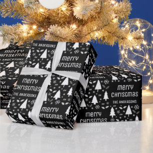 Personalized Christmas Family Name Black and White Wrapping Paper