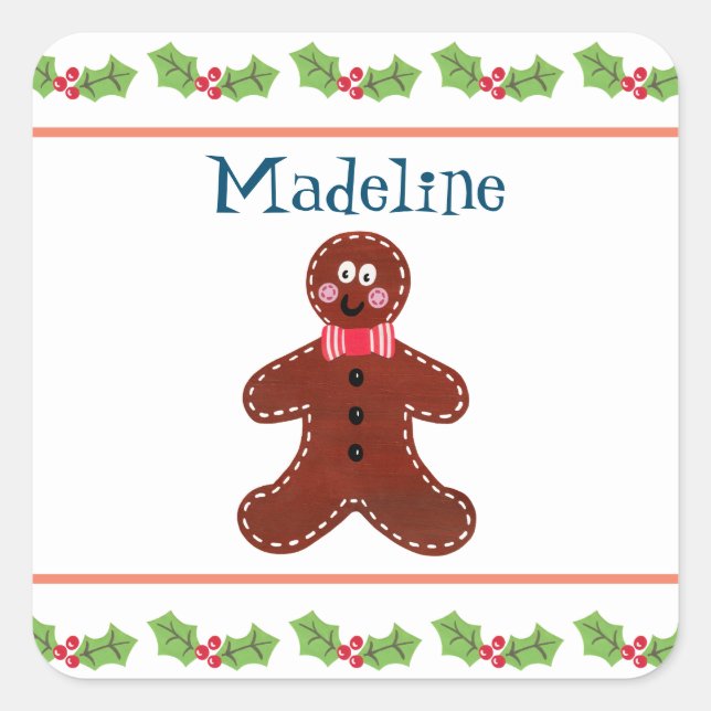 Personalized Christmas Gingerbread Man Square Stic Sticker (Front)