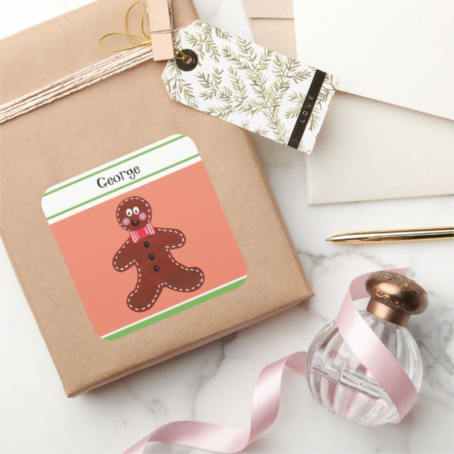 Personalized Christmas Gingerbread Man Square Sticker (Gifting)