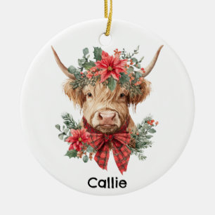 Personalized Christmas Highland Cow Ceramic Ornament
