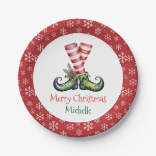 Personalized Christmas Holiday Elf Feet Snowflakes Paper Plate
