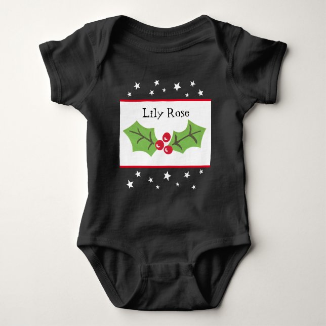 Personalized Christmas Holly & Berries Baby Bodysuit (Front)