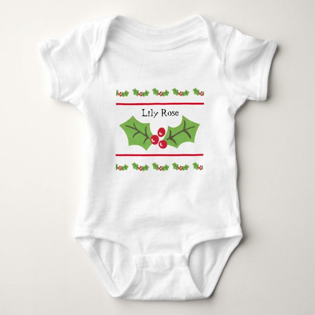 Personalized Christmas Holly & Berries Baby Bodysuit (Front)