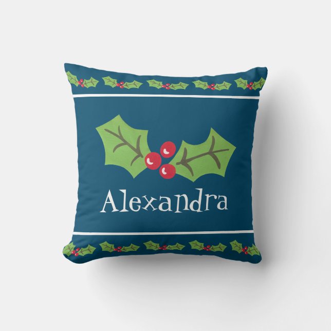 Personalized Christmas Holly & Berries Cushion (Front)